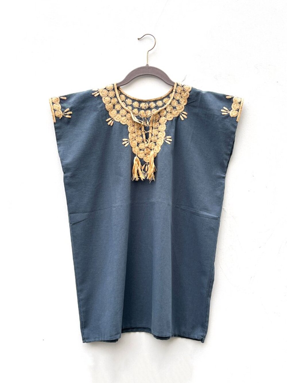 Woman's Oaxacan Mexican Blue and Beige Handmade Embroidered Tunic Shirt OS